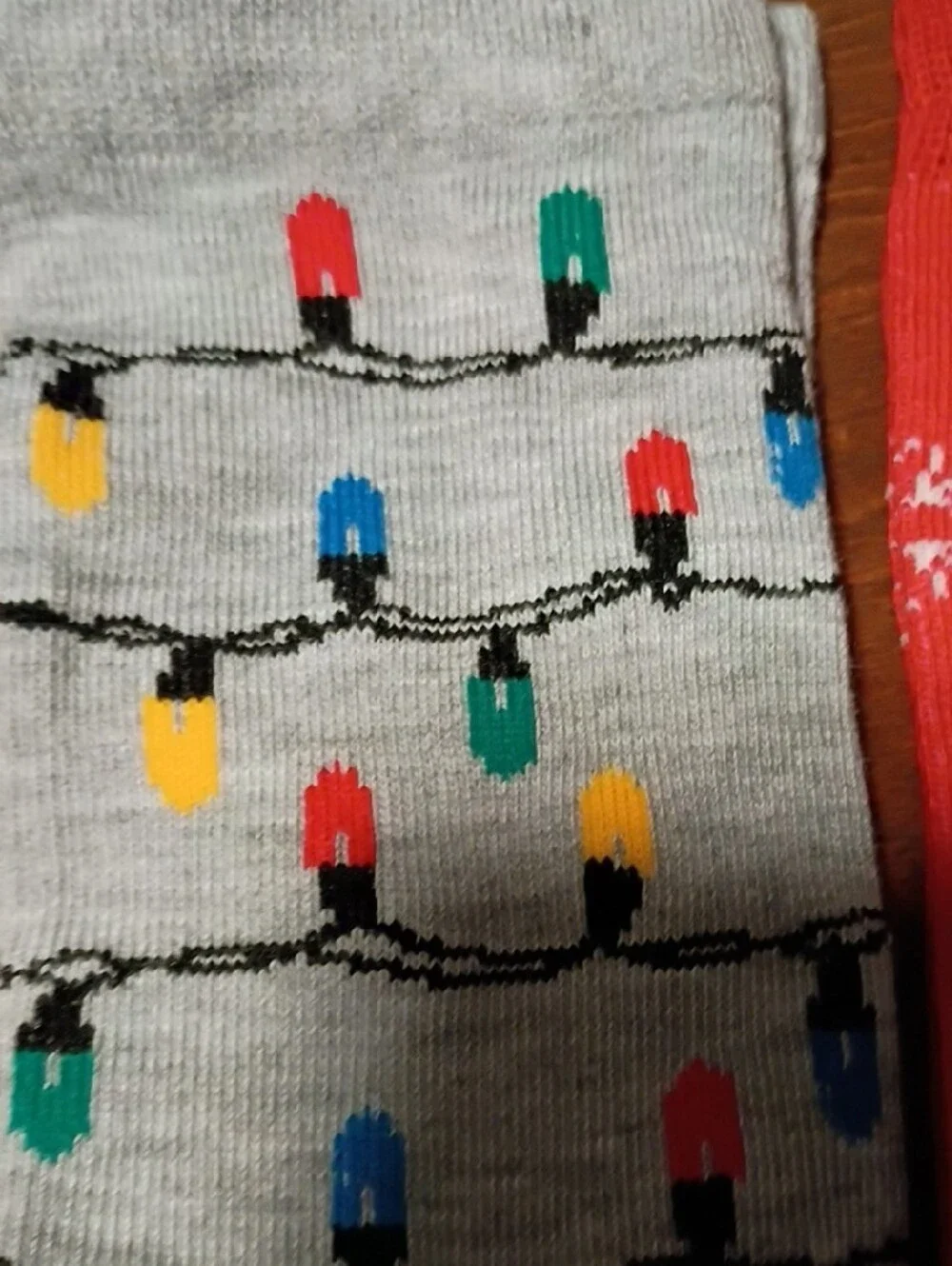 Red Snowflake & Gray Holiday Light Crew Socks with Red Velvet Scrunchie